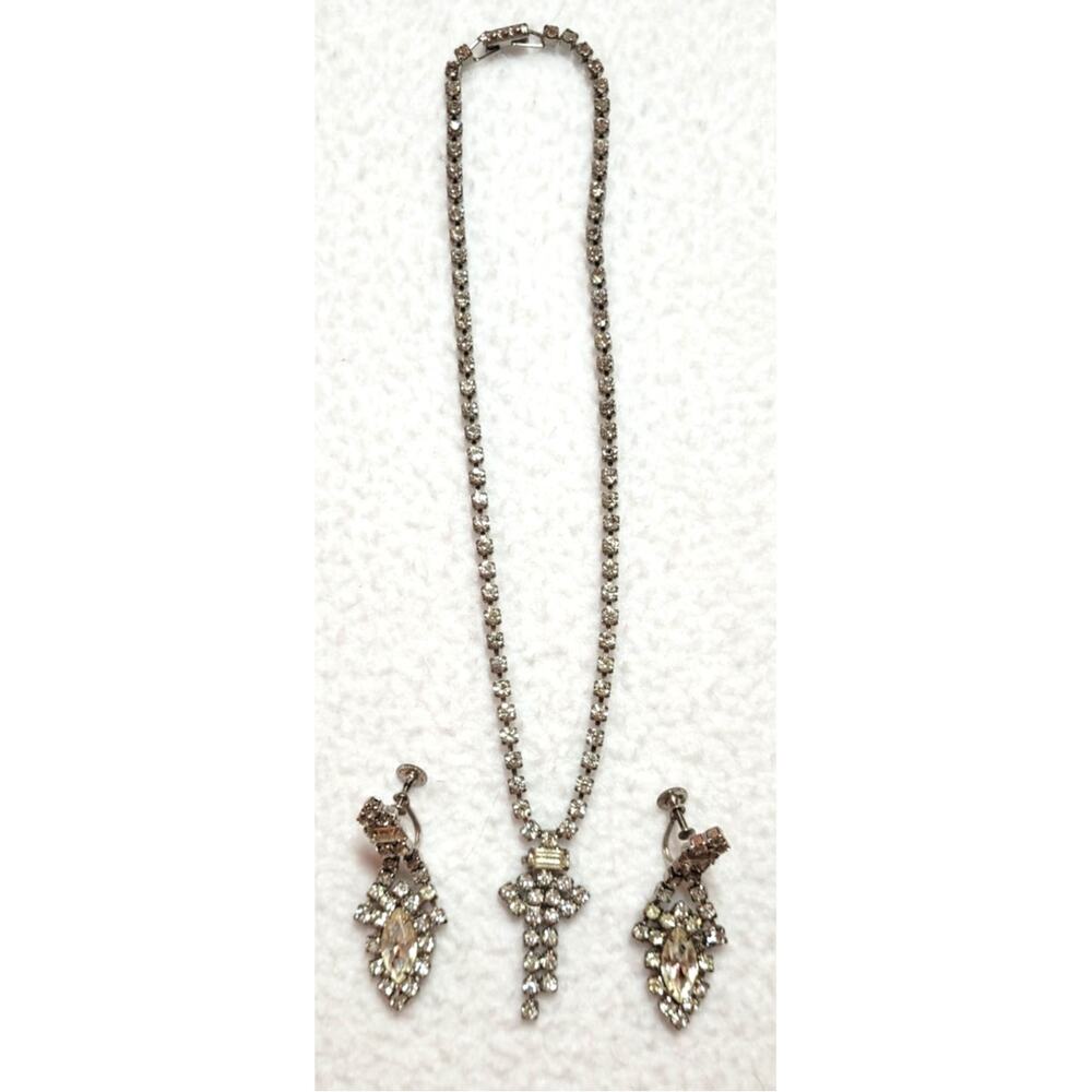 Vtg 60s Clear Rhinestone Necklace Screwback Earrings Glamour Regency Formal